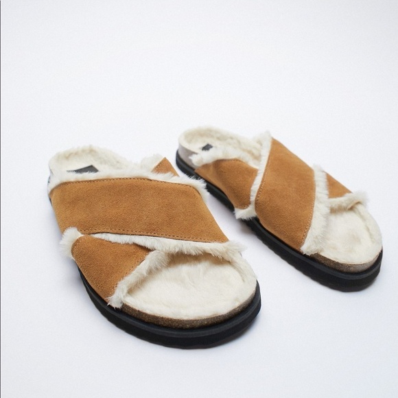 NWT. Zara Natural Color Faux Fur Flat Leather Sandals. Size 6,5. - Picture 2 of 7